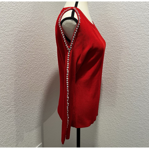 INC Red Knit Sweater Rhinestones & Beads Down Cold Shoulder Sleeve Size PM - Picture 2 of 9